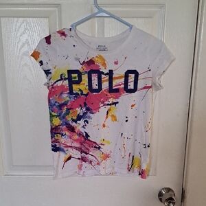 Polo by Ralph Lauren White Tee with Multicolor Paint-Splash and Navy Logo